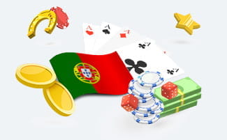 Portuguese flag, casino chips and stacks of money.