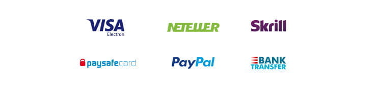 Payment methods including  Visa Electron, Neteller, Skrill, Paysafecard, PayPal and Bank Transfer.