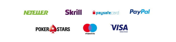 Payment methods including  Neteller, Skrill, Paysafecard, PayPal, PokerStars voucher, Maestro, Visa Electron