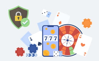 Online casino imagery, with chips, card and a safety checkmark.