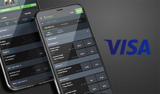 Fansbet sports markets on various mobile devices using VISA debit card and the Visa debit logo.