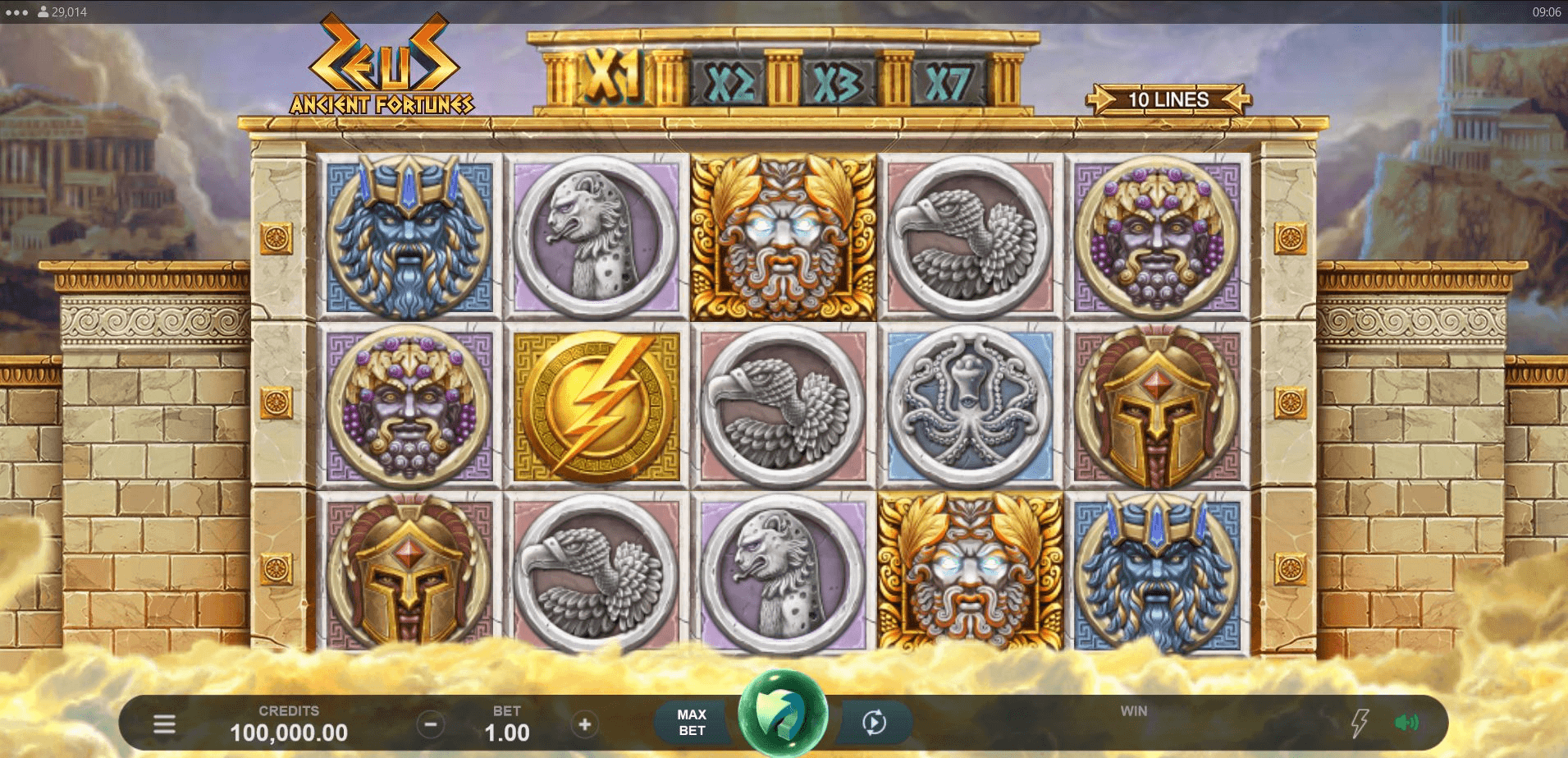 The Ancient Fortunes Zeus demo game.