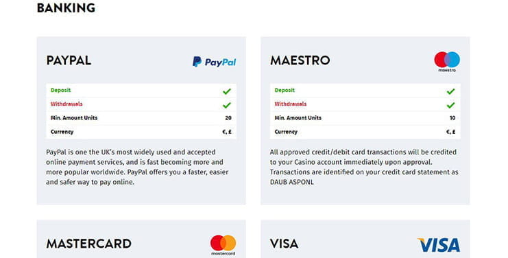  Sections with different Aspers Casino payment methods including debit card, credit cards, moneybookers/Skrill, Neteller and Paysafecard. 