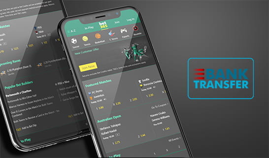 The sports markets from bet365 on various mobile devices and the bank transfer logo.