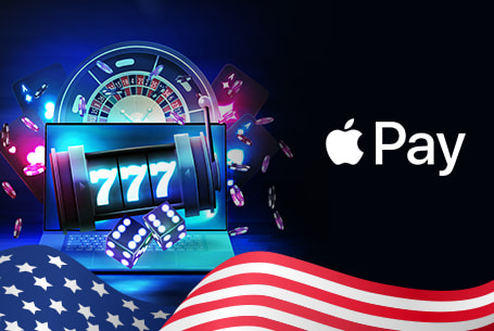 Apple Pay logo, the American flag, and gambling imagery, including playing cards, casino chips, and the roulette wheel