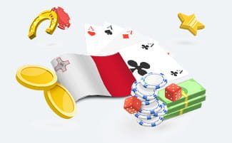 Malta flag, casino chips and stacks of money.