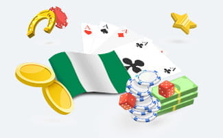 Nigerian flag, casino chips and stacks of money.