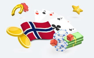 Norwegian flag, casino chips and stacks of money.