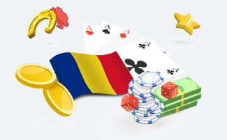 Romanian flag, casino chips and stacks of money.