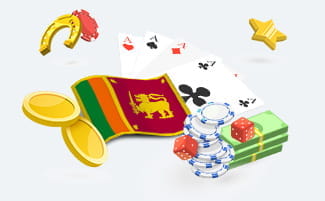Sri Lanka flag, casino chips and stacks of money.