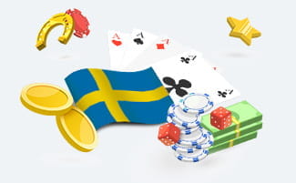 Swedish flag, casino chips and stacks of money.