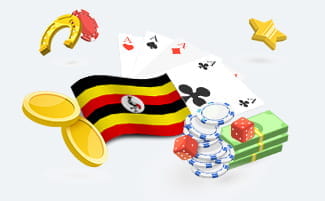 Uganda flag, casino chips and stacks of money.