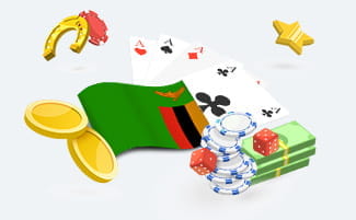 Zambia flag, casino chips and stacks of money.