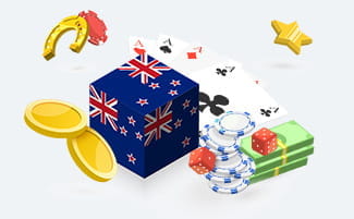 Casino chips, stacks of money, and the New Zealand flag.