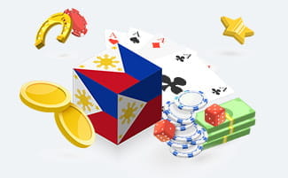 Casino chips, stacks of money, and the Philippines flag.