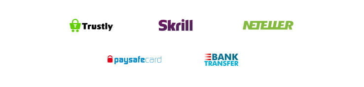 Payment methods including  Trustly, Skrill, Neteller, Paysafecard, Bank Transfer