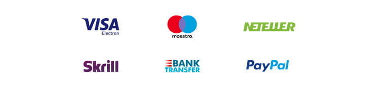 Payment methods including  Visa Electron, Maestro, Neteller, Skrill, Bank Transfer, PayPal