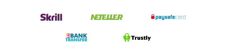 Payment methods including  Skrill, Neteller, PaySafeCard, Bank Transfer, Trustly