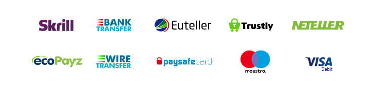 Payment methods including Skrill, bank transfer, euteller, Trustly, Neteller, Payz, Wire Transfer, paysafecard, Maestro, Visa Debit