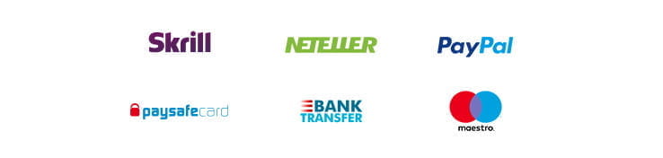 Payment methods including  Skrill, Neteller, PayPal, PaySafeCard, Bank Transfer, Maestro