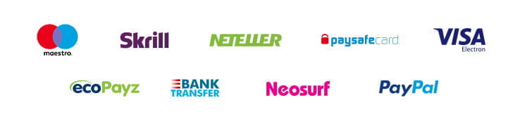 Payment methods including  Maestro, Skrill, Neteller, Paysafecard, Visa Electron, Payz, Bank Transfer, Neosurf, PayPal