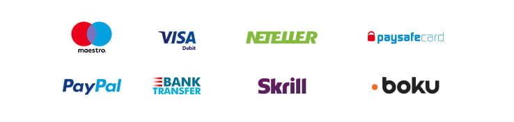 Payment methods including  Maestro, Visa Debit, Neteller, Paysafecard, PayPal, Bank Transfer, Skrill, Boku.