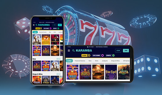 Graphic of a smartphone and tablet showing casino apps in front of a slot machine