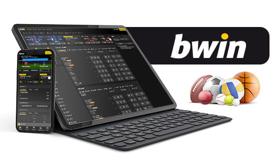 The sports markets on various mobile devices and bwin logo.