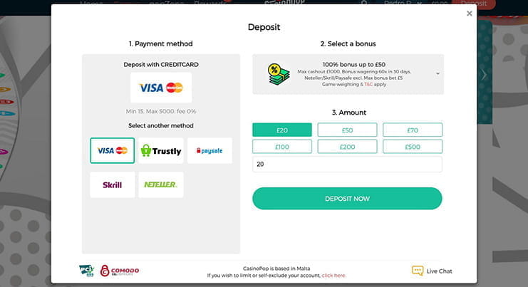 Sections with different payment methods including debit card, credit cards, moneybookers/Skrill, Neteller and Paysafecard