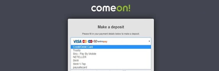 Sections with different ComeOn payment methods including debit card, credit cards, Skrill, Neteller and PaysafeCard