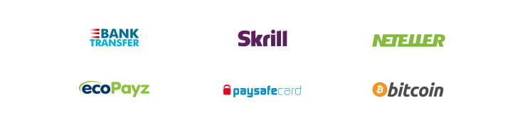 Payment methods including Bank Transfer, Skrill, Neteller, Payz, paysafecard, Bitcoin