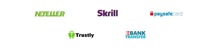 Payment methods including Neteller, Skrill, Paysafecard, Trustly, Bank Transfer