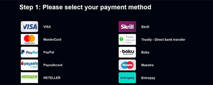 Different payment methods available at Huge Slots Casino including Visa, Mastercard, PayPal, Paysafecard, Neteller, Skrill, Trustly and more.