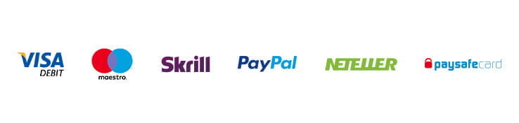 Payment options at Jackpot Slotty including aestro, Visa Debit, Neteller, Skrill, paysafecard, PayPal.