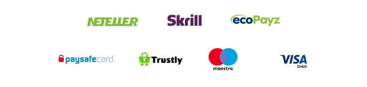 Payment methods including Neteller, Skrill, Payz, Paysafecard, Trustly, Maestro, Visa Debit