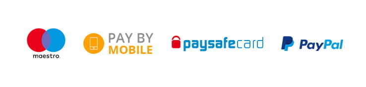 sections with different payment methods including Maestro, paysafecard, Pay by Mobile, PayPal