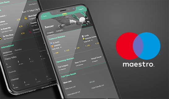 The sports markets from bet365 on various mobile devices and the Maestro logo.