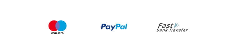 Payment methods including Maestro, PayPal, Fast Bank Transfer