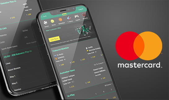 The sports markets from bet365 on various mobile devices and the Mastercard logo.