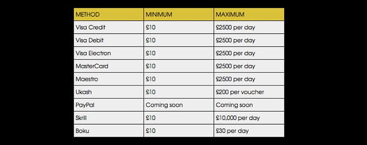 Different payment methods in Northern Lights Casino including debit card, credit cards and others