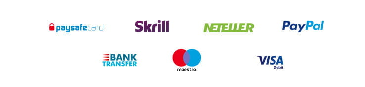 Payment methods including paysafecard, Skrill, Neteller, PayPal, Bank Transfer, Maestro, Visa Debit
