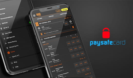 The sports markets from 888sport on various mobile devices and the logo of paysafecard.