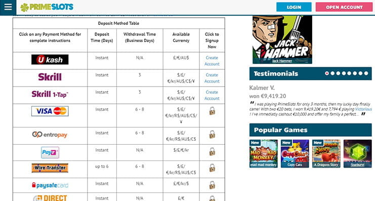 Payment Options of Prime Slots