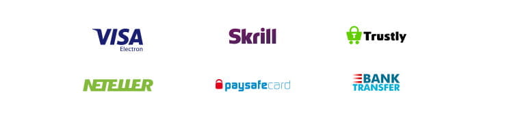 Payment methods including Visa Electron, Skrill, Trustly, Neteller, paysafecard, bank transfer