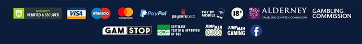 Various payment methods offered at Rocket Slots Casino including Visa, Mastercard, PayPal and Paysafecard.