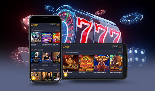 An image of mobile devices playing Rolling Slots games.