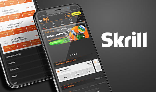 888sport betting markets on various mobile devices with Skrill and the Skrill logo.