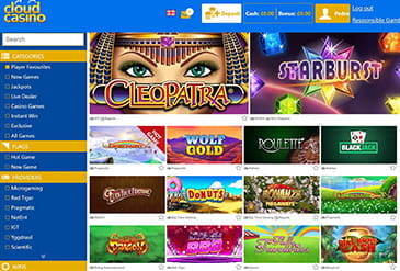 Thumb sized screenshot of the slots selection at Cloud Casino. Shows some of the popular slot games.
