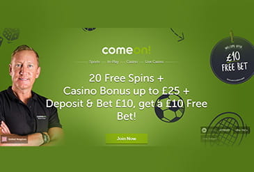 ComeOn Home page with game selection and free spins offer