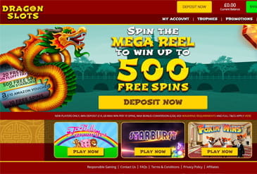 The homepage of Dragon Slots casino